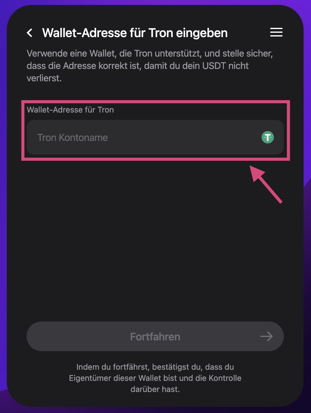 Kopieren Sie den folgenden Code und fügen Sie ihn in das Feld "Wallet-Adresse für Tron" ein.