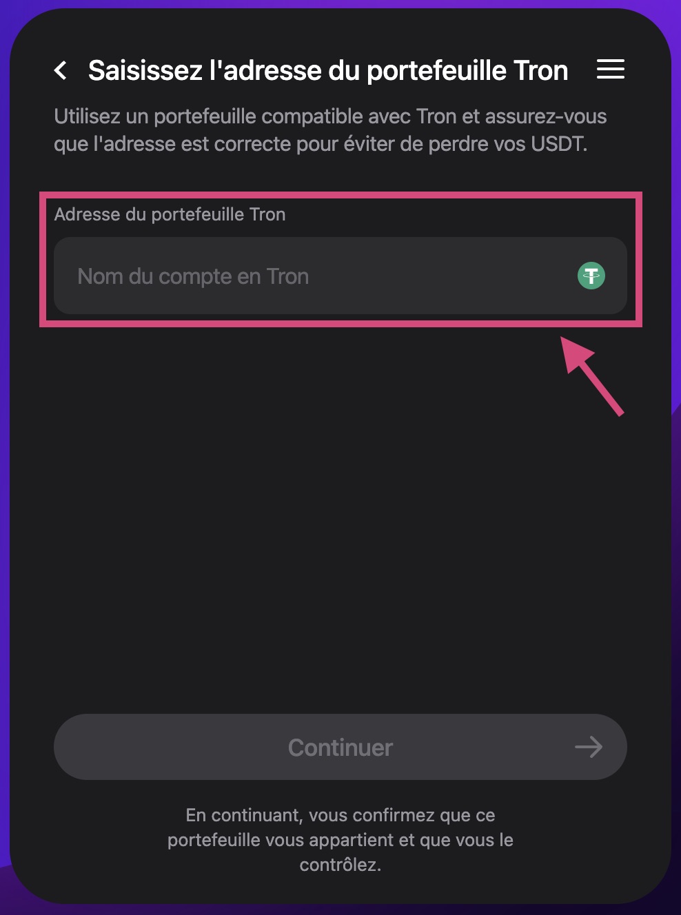 Copiez et collez le code suivant dans le champ "Adresse du portefeuille Tron".